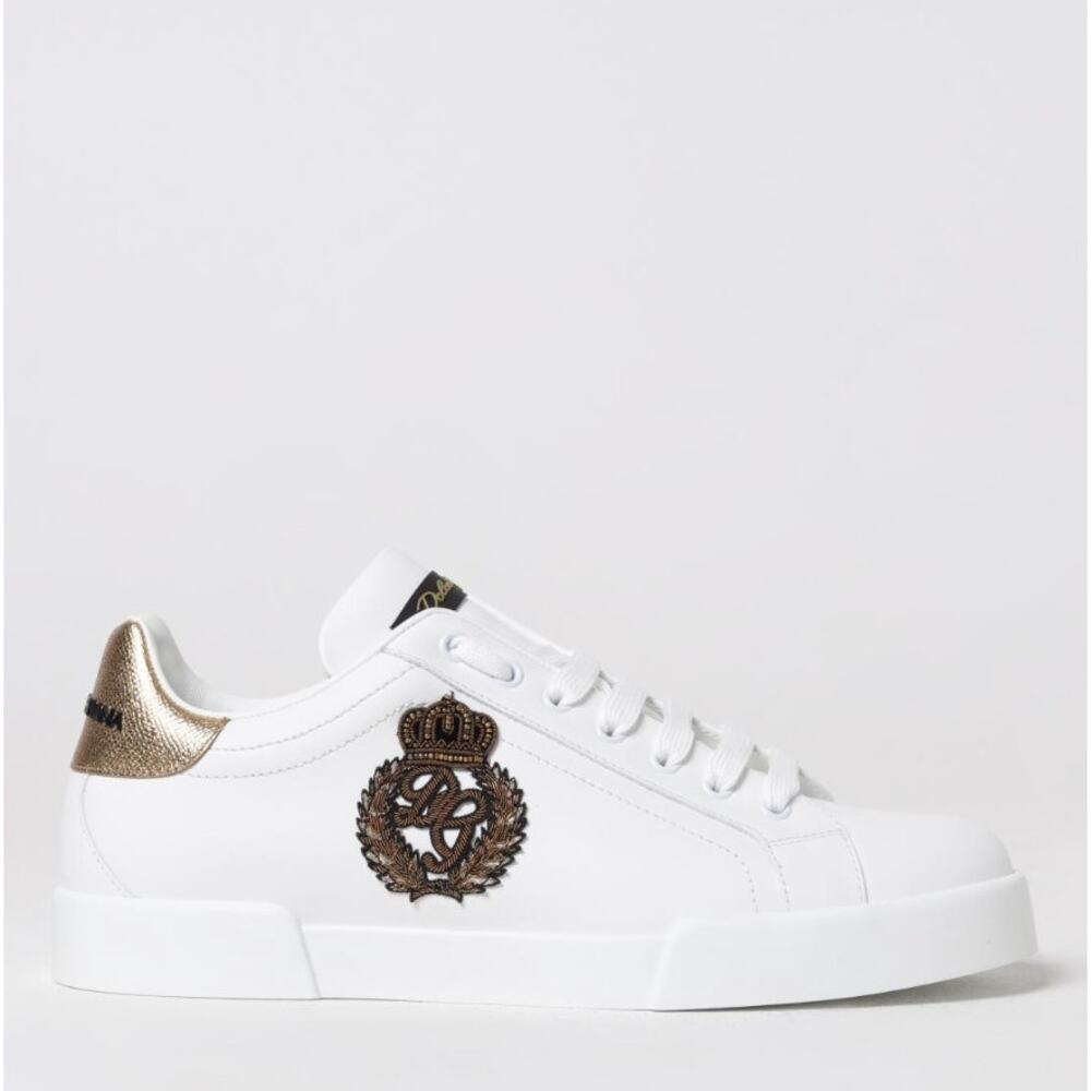 DOLCE & GABBANA Iconic Portofino Leather Sneakers Embroidered Crest White Sz 10